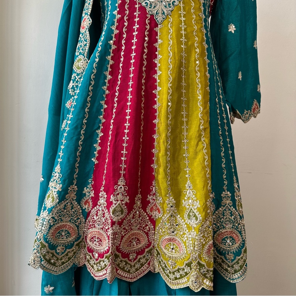 Teal Anarkali Palazzo Set w/ Dupatta | Embroidered Zari Ethnic - Picture 13 of 16
